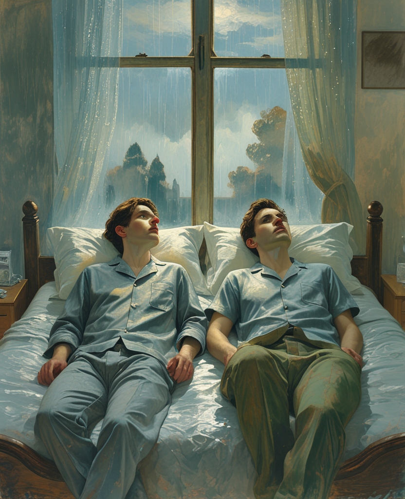 The Sheppard brothers were both awake in their adjacent beds, on their Beautyrest mattresses; the younger listened in the dark to the rain and wondered if after all they should sell the house with its audible roof and wet garden; the elder lay thinking of silence, of a green damp churchyard, of an old farm, of a poplar that years ago lightning had struck, killing John Head, a dim, distant relation.