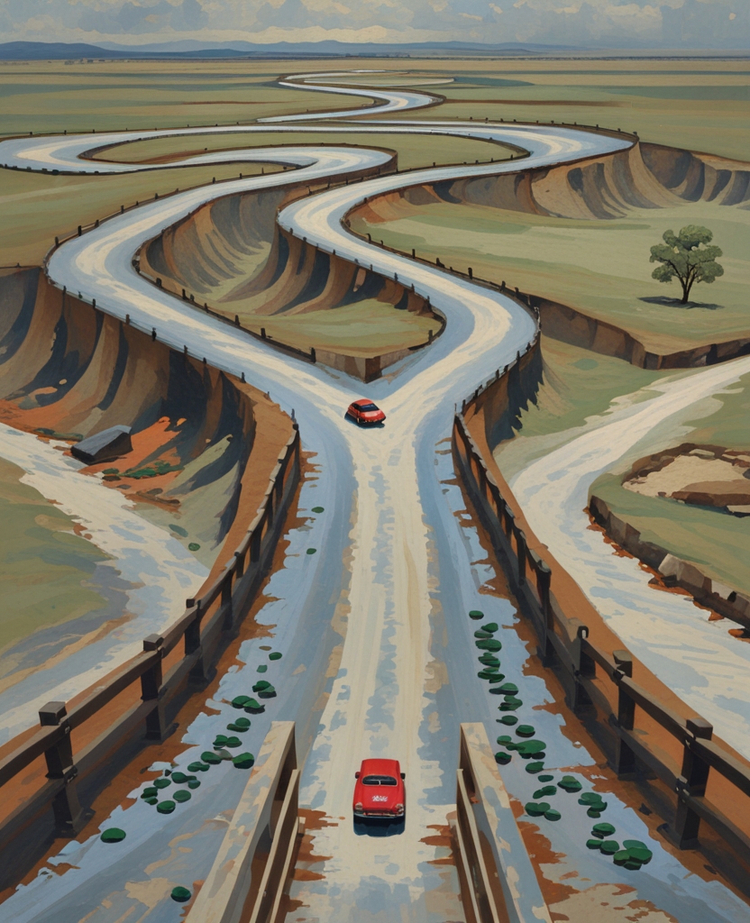 Our luckless car operator had by now lost himself too thoroughly to be able to go back to the highway, and since he had little experience in maneuvering on rutty narrow roads, with ditches and even ravines gaping on either side, his various indecisions and gropings took those bizarre visual forms that an observer on the lookout tower might have followed with a compassionate eye; but there was no living creature in that forlorn and listless upper region except for an ant who had his own troubles, having, after hours of inept perseverance, somehow reached the upper platform and the balustrade (his autostrada) and was getting all bothered and baffled much in the same way as that preposterous toy car progressing below.