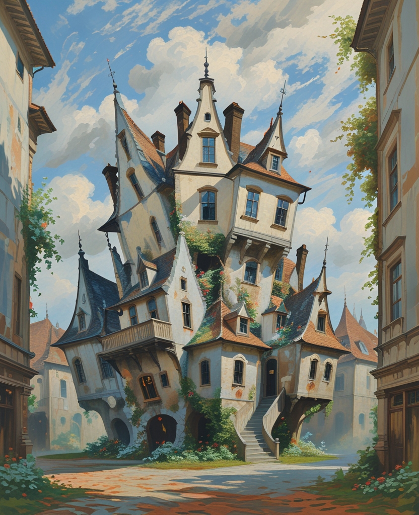 The piquancy of these pinnacles and the merry, somewhat even inebriated air the mansion had of having been composed of several smaller Northern Villas, hoisted into mid-air and knocked together anyhow, with parts of unassimilated roofs, half-hearted gables, cornices, rustic quoins, and other projections sticking out on all sides, had, alas, but briefly attracted tourists.