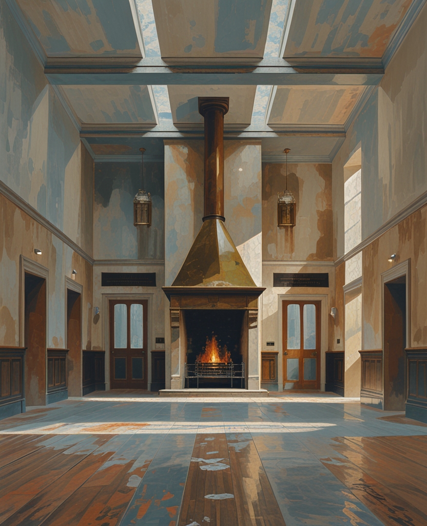 Four spacious rooms opened from the large hall that retained something of its hostelic stage in the generous dimensions of the grate.