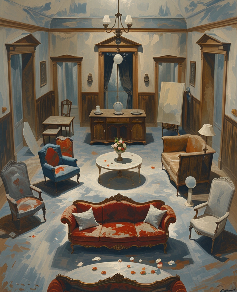 In the half a dozen rooms of which each of the upper floors consisted, and in the two wings in the rear, one could discover, among disparate pieces of furniture, some charming satinwood bureau, some romantic rosewood sofa, but also all kinds of bulky and miserable articles, broken chairs, dusty marble-topped tables, morose étagères with bits of dark-looking glass in the back as mournful as the eyes of old apes.