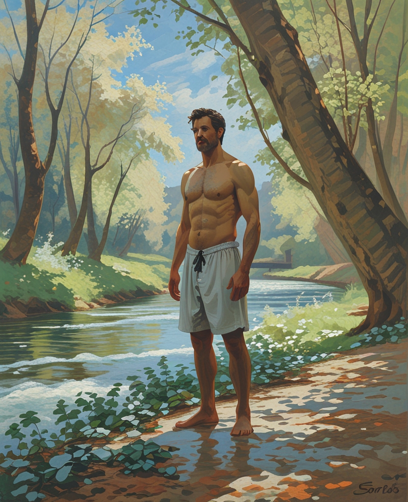 Throughout the academic year Pnin had regularly exposed his body to the radiation of a sun lamp; hence, when he stripped down to his bathing trunks, he glowed in the dappled sunlight of the riverside grove with a rich mahogany tint.