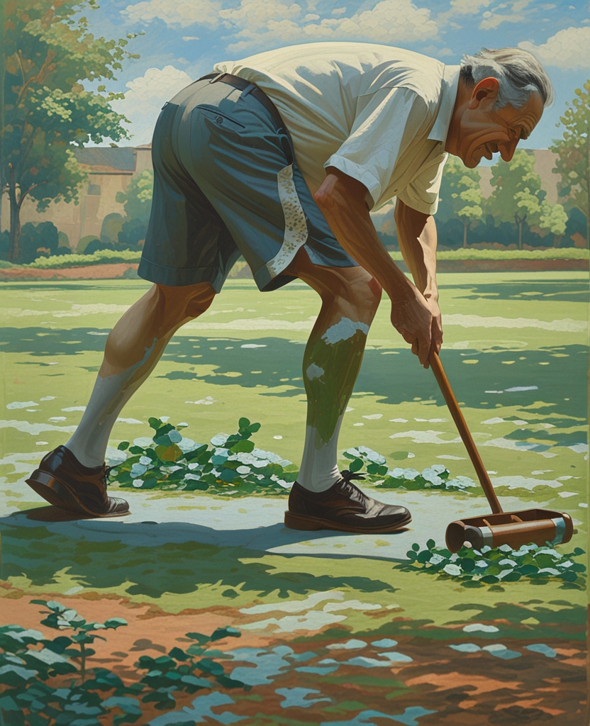 Holding his mallet very low and daintily swinging it between his parted spindly legs (he had created a minor sensation by changing into Bermuda shorts expressly for the game), Pnin foreshadowed every stroke with nimble aim-taking oscillations of the mallet head, then gave the ball an accurate tap, and forthwith, still hunched, and with the ball still rolling, walked rapidly to the spot where he had planned for it to stop.