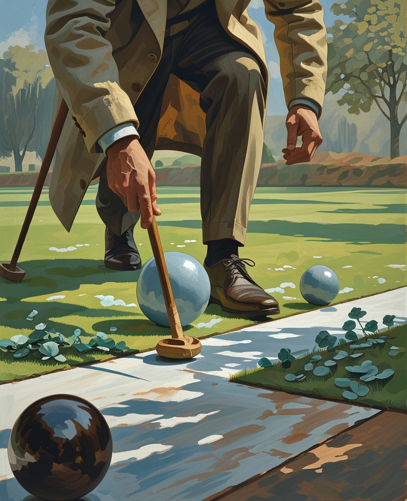 Placing in contact with it his own ball, and firmly putting his curiously small foot upon the latter, he would bang at his ball so as to drive the other up the country by the shock of the stroke.
