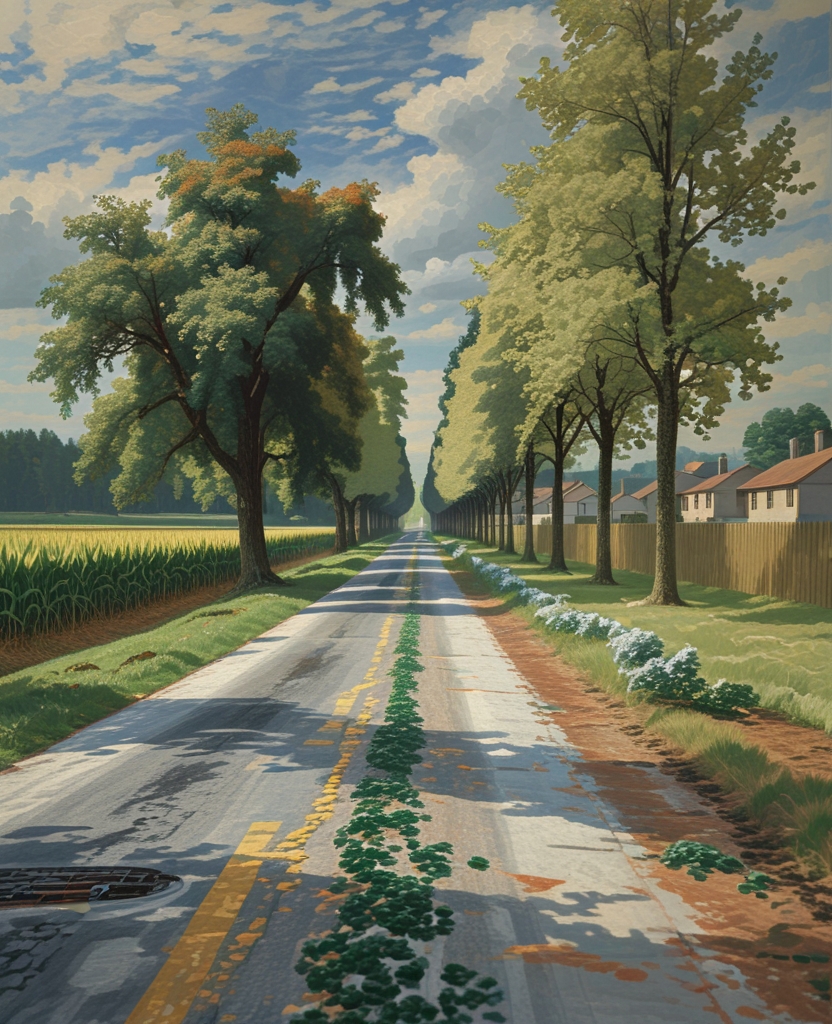 Opposite the front of his house, immediately across Todd Road (the upright of the T) old elms screened the sandy shoulder of its patched-up asphalt from a cornfield east of it, while along its west side a regiment of young fir trees, identical upstarts, walked, campus-ward, behind a fence, for almost the whole distance to the next residence—the Varsity Football Coach’s magnified cigar box, which stood half a mile south from Pnin’s house.
