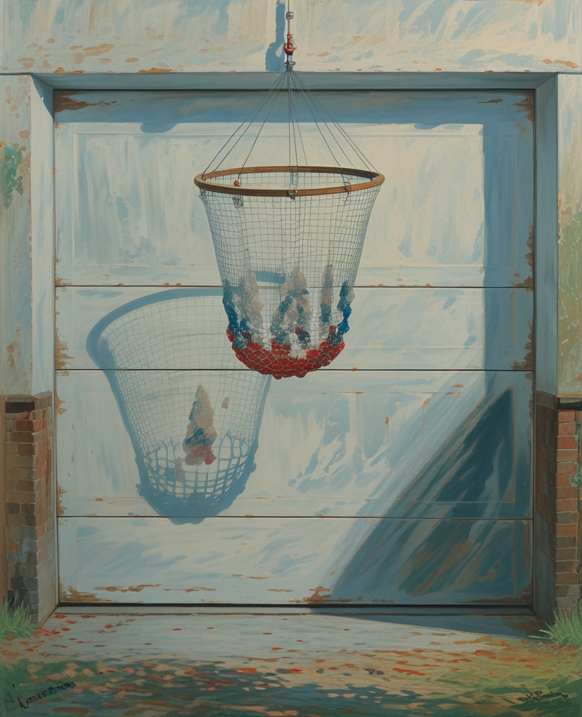 A curious basketlike net, somewhat like a glorified billiard pocket—lacking, however, a bottom—was suspended for some reason above the garage door, upon the white of which it cast a shadow as distinct as its own weave but larger and in a bluer tone.