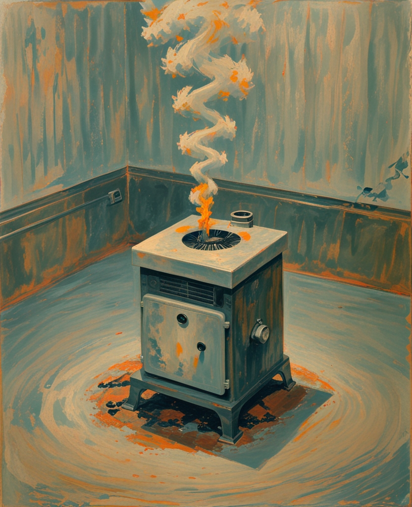 A cranky-looking oil furnace in the basement did its best to send up its weak warm breath through registers in the floors.
