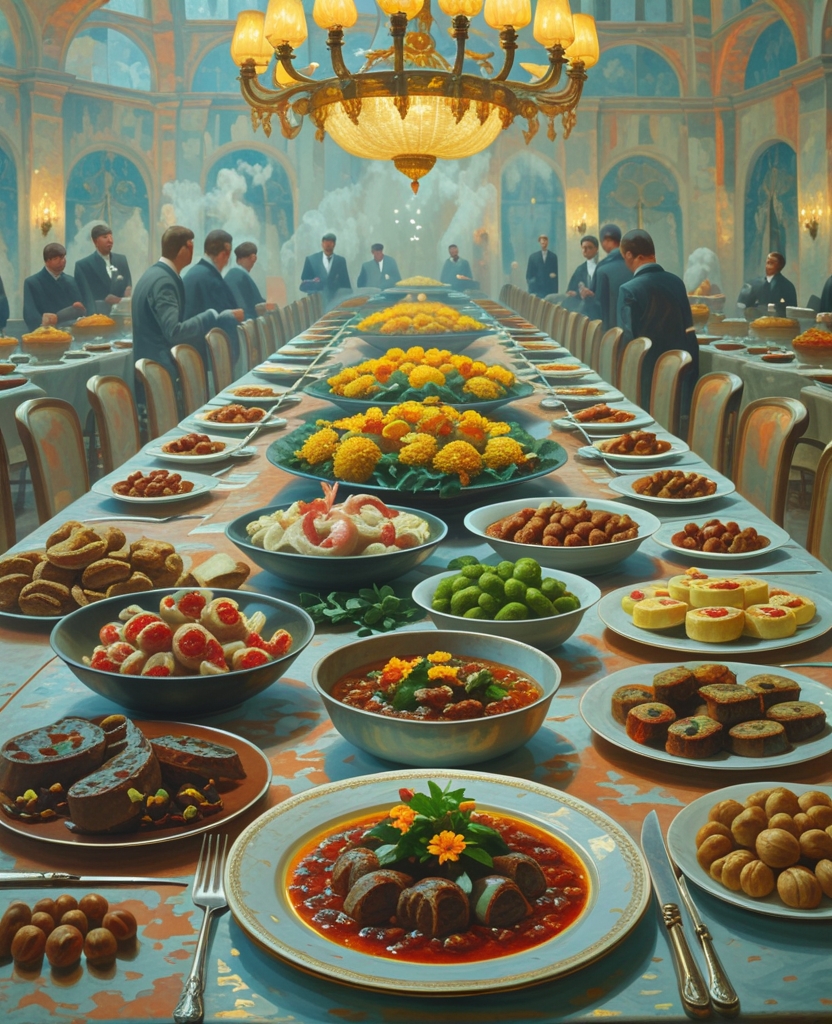 There was also a large plate of cold cuts, real German pumpernickel, and a dish of very special vinaigrette, where shrimps hobnobbed with pickles and peas, and some miniature sausages in tomato sauce, and hot pirozhki (mushroom tarts, meat tarts, cabbage tarts), and four kinds of nuts, and various interesting Oriental sweets.