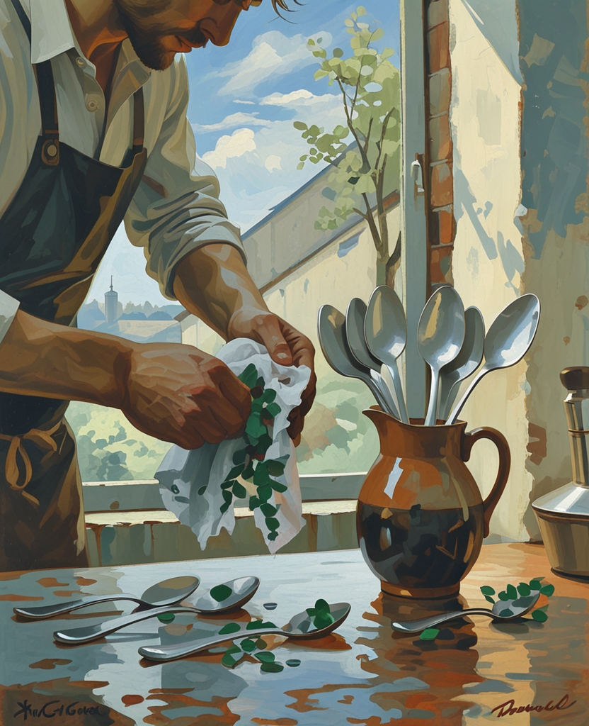 He gathered the wiped spoons into a posy, placed them in a pitcher which he had washed but not dried, and then took them out one by one and wiped them all over again.
