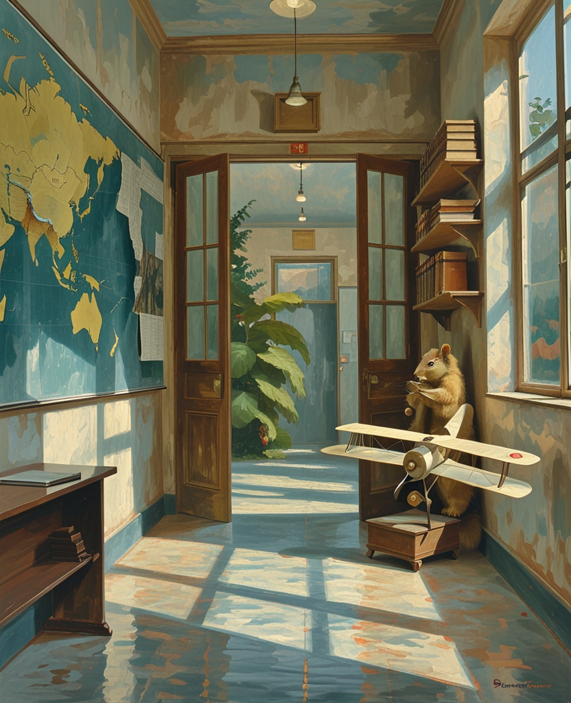 From the end of the corridor there came a steady smell of hashed-cabbage pie, and through the open door of the schoolroom I could see a map of Russia on the wall, books on a shelf, a stuffed squirrel, and a toy monoplane with linen wings and a rubber motor.