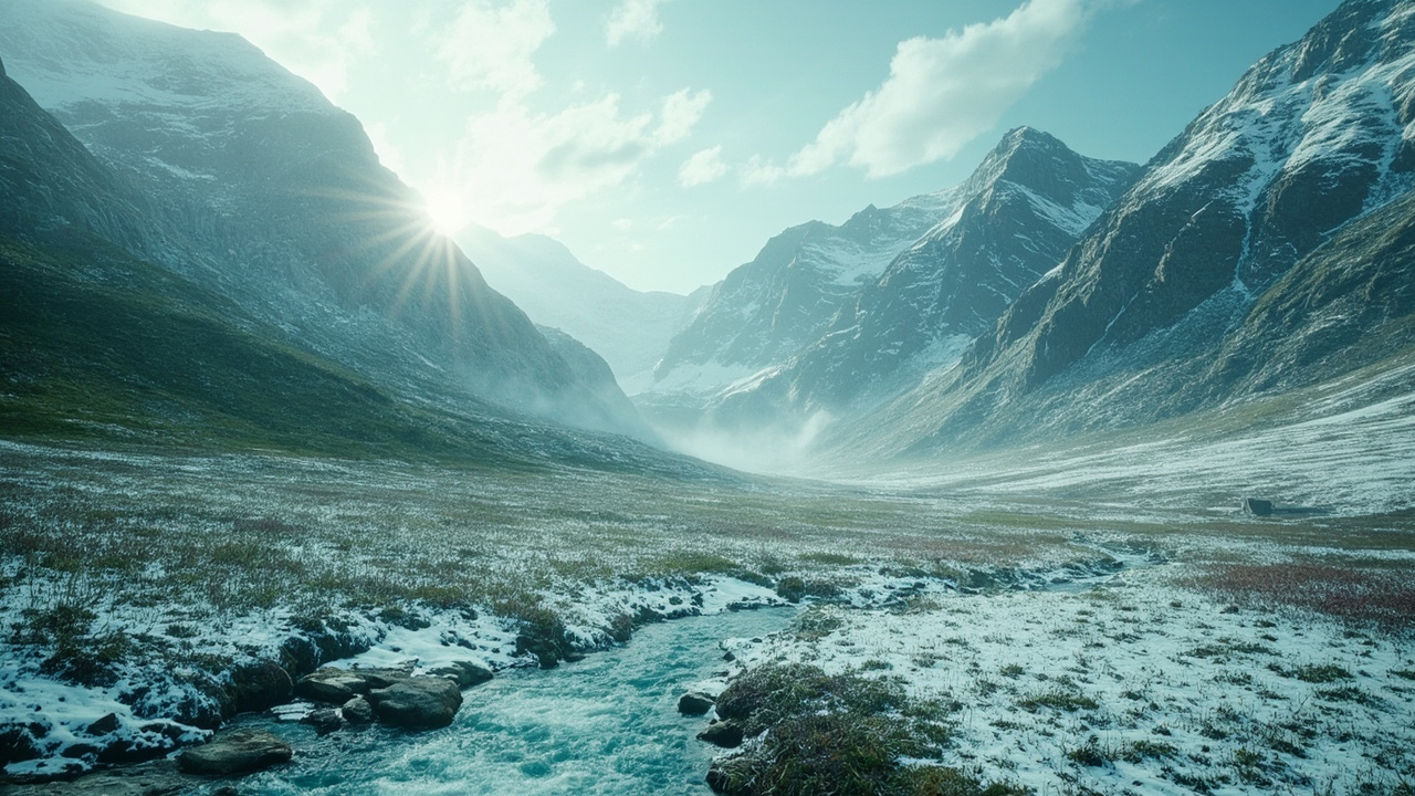 此处的大地是一片华丽的景象——雪覆盖地面,在草地上融得斑驳,山涧有水汩汩流动,两侧各有一座巨大、沉默的石山,风吹来石楠花的气味。