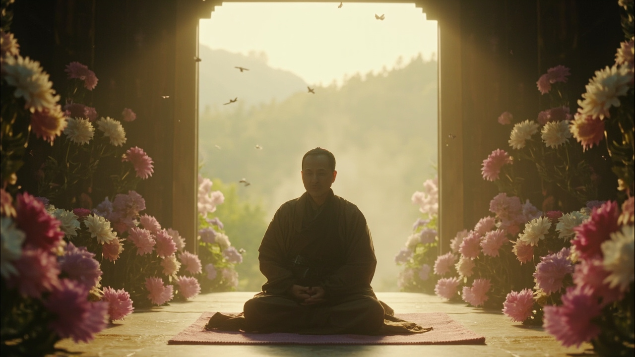 因此,坐在我的佛亭中,在那片“克力安可拉”的粉、红、象牙白的花墙中,在那些魔力超凡、能用甜美奇怪的叫声呼应我觉醒的鸟儿(无人荒野里的云雀)所会聚的鸟舍中,在缥缈的香气中,在古老神秘的佛地的极乐中,我看到自己的生命是一片散发光晕的空,我能随心所欲。