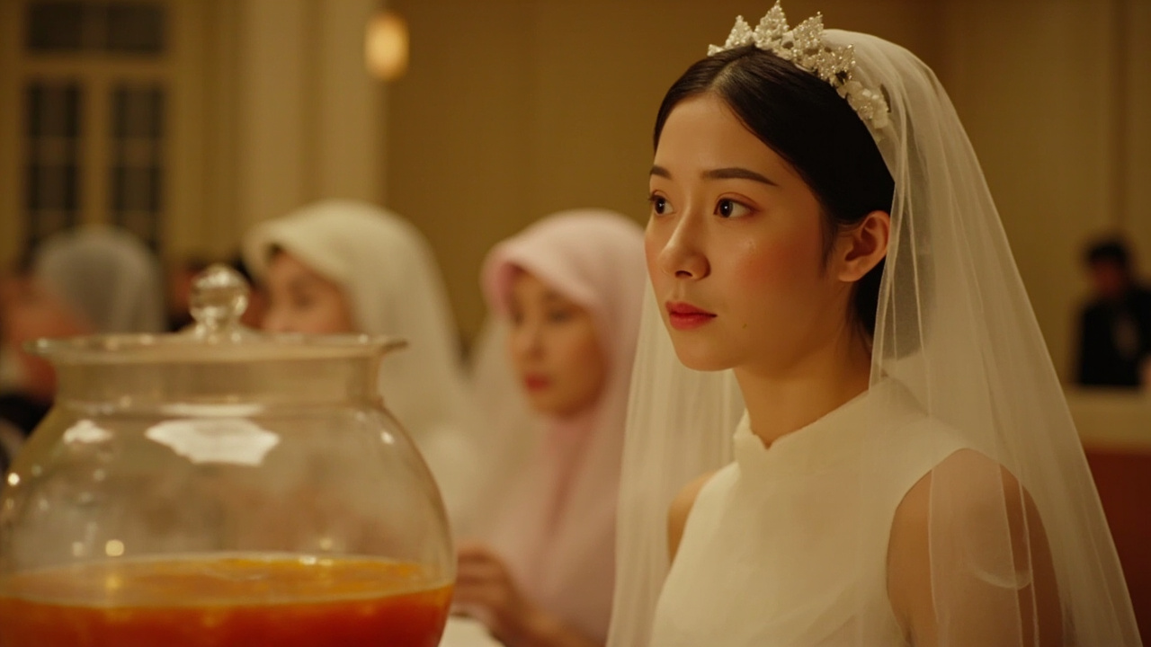 “我现在就能想到是什么样,摆着大碗潘趣酒,来的女士都戴着棉布帽,音响里放着甜得腻人的管弦乐,大伙儿都擦着眼泪,因为新娘实在太美了。