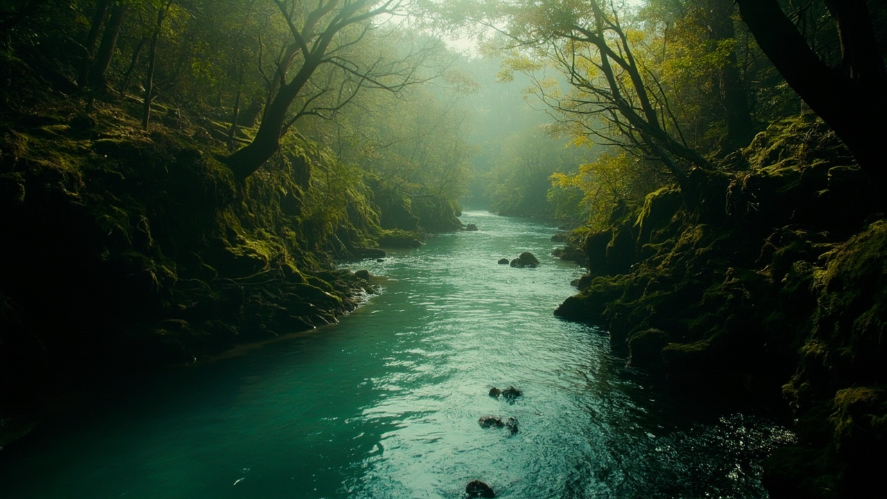 那是一片河流仙境,金色永恒的空寂,苔藓、树皮、树枝和泥土的气味,所有这些都在我眼前悲泣着,现出神秘的幻境,却都很安静,无止无休。