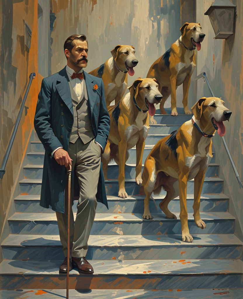 几只爱尔兰猎狼犬高声吠叫，而那位东道主则拄着手杖，出现在台阶上方…