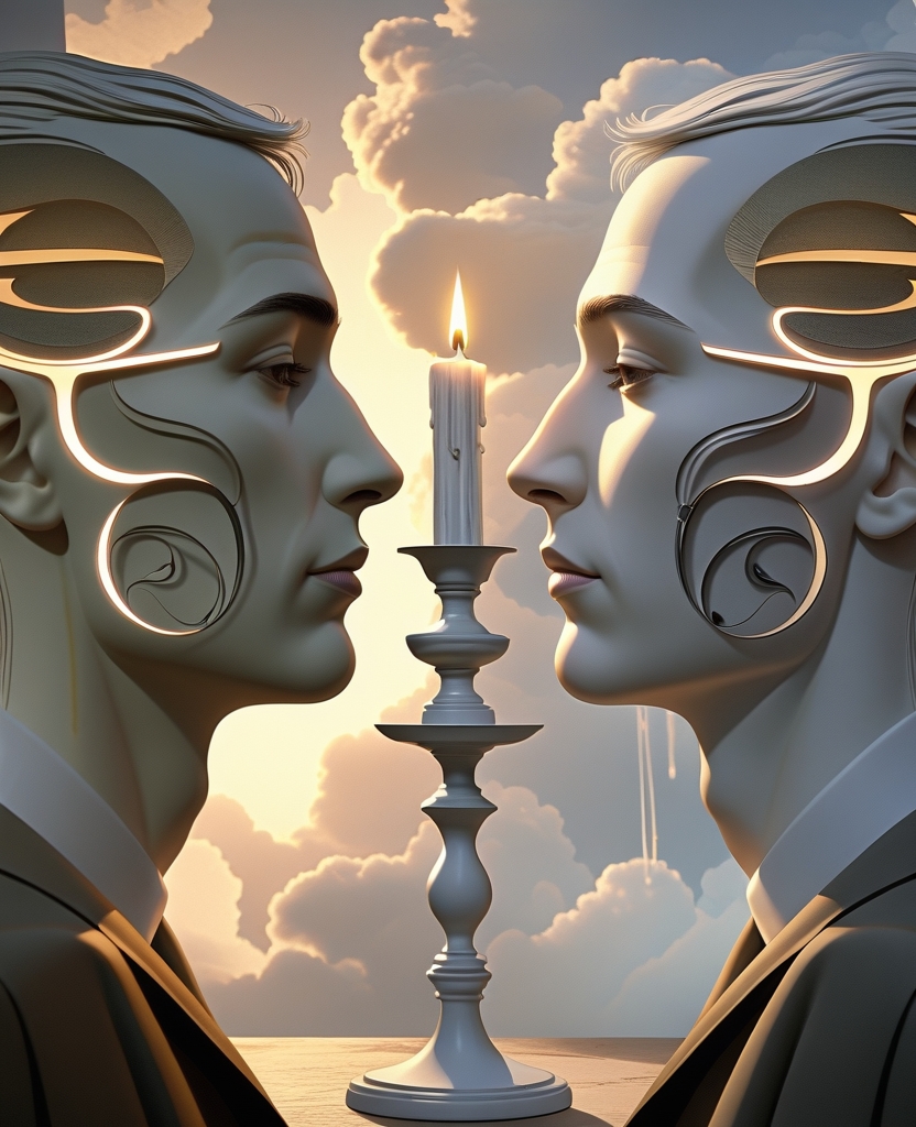 如果用视觉来形容他此刻的听觉,那就是,他仿佛是在看一幅画着两个黑色的脸部侧面轮廓的画,可这幅画突然间变成了一具白色烛台。