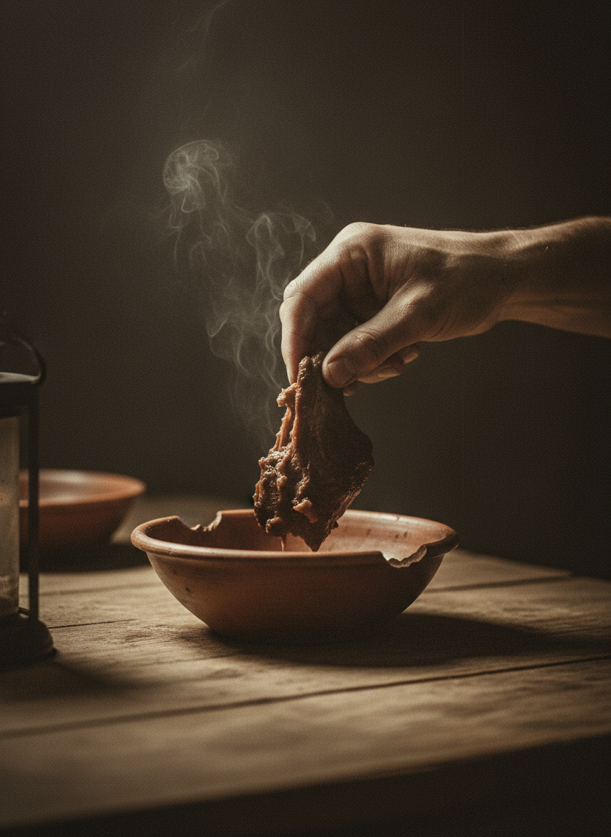 来吧，”说着他从碗里扯吓一块气味很难闻的肉，“尝尝食草犀牛的肉排。