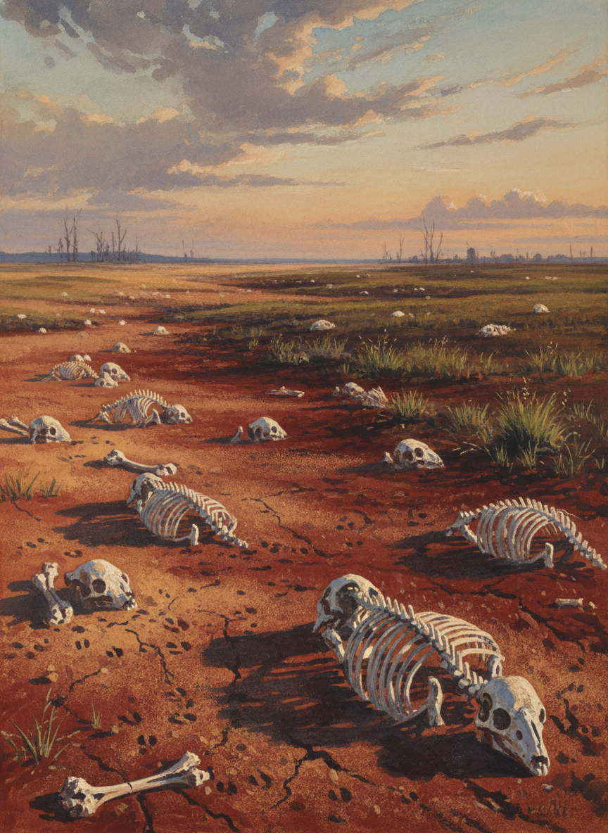 And for years disintegrating skeletons would dew the plains, subsiding into the matting of time, gradually covered by dust and marching little hoofs.