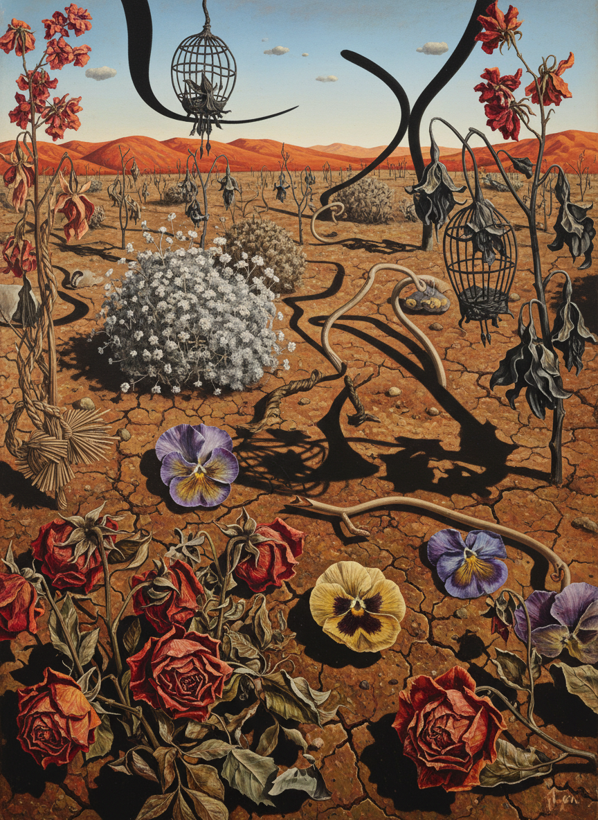 Roses were crisped, pansies were dead, stocks turned to sepia straw, fuchsias in shady spots withered past rejuvenation, babies’-breath smothered, sweet pea vines were sere and scentless.