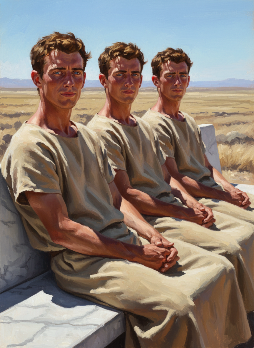 The sun, the wind and the dryness had weathered their fair, freckled skins to a sort of mottled mahogany, in which their blue eyes shone pale and tranquil, with the deep creases beside them speaking of gazing into far distances and silver-beige grass.