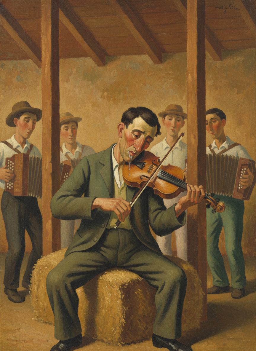 Old Mickey O’Brien came out from Gilly to play the fiddle, and there was always someone on hand to man the piano accordion or the button accordion, taking turns to spell each other as Mickey’s accompanists while the old violinist sat on a barrel or a wool bale for hours playing without a rest, his pendulous lower lip drooling because he had no patience with swallowing; it interfered with his tempo.