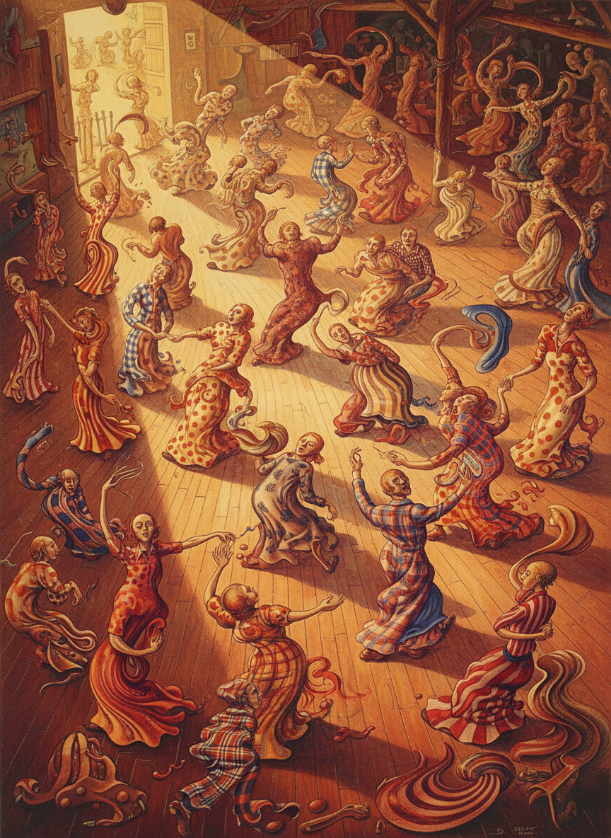 This was energetic round-dancing: barn dances, jigs, polkas, quadrilles, reels, mazurkas, Sir Roger de Coverleys, with no more than a passing touching of the partner’s hands, or a wild swirling in rough arms.