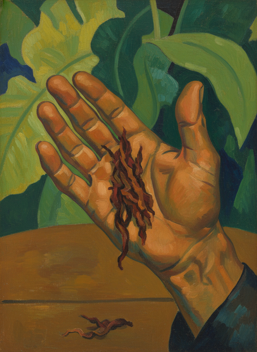 he asked, rubbing the strands of leaf back and forth in his palm, lazily.