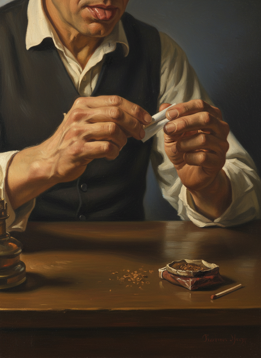 He slipped the shaped tendrils into their paper sheath, twiddled it expertly between thumb and forefinger, then licked it shut, poked a few wisps back inside the tube with a match end, struck the match and lit up.