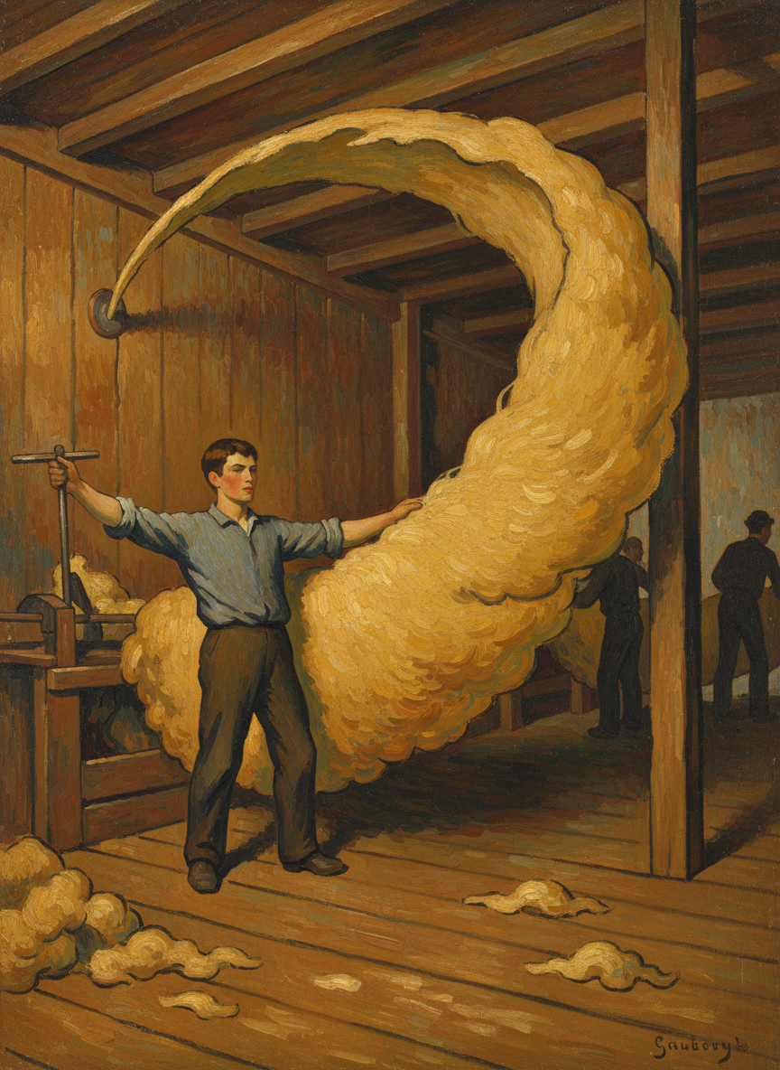 As he grew older he graduated from tar boy to shed hand, running down the board catching the great heavy fleeces as they flew off the boggis in one piece billowing up like kites, and carrying them to the wool-rolling table to be skirted.