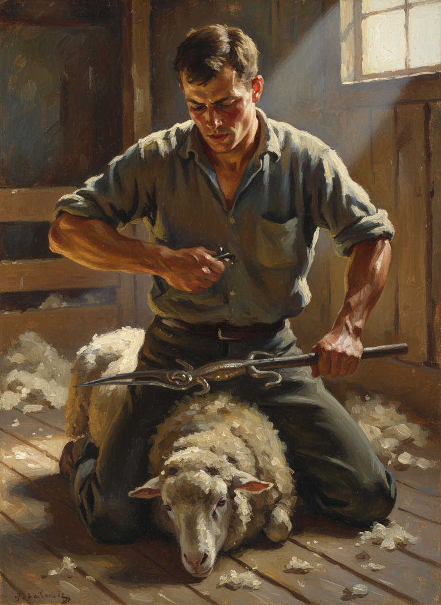 Soon Luke was shearing his two hundred-plus a day six days a week, a quid a hundred; and this with the narrow handpiece resembling a boggi lizard, hence its name.