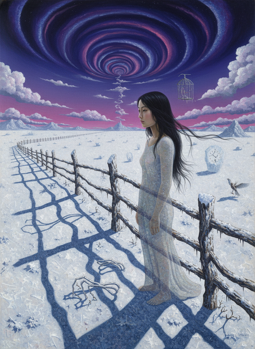 Tonight it was cold as she stood by a fence looking across a moonless landscape, and under her feet she could feel the crunch of frost.