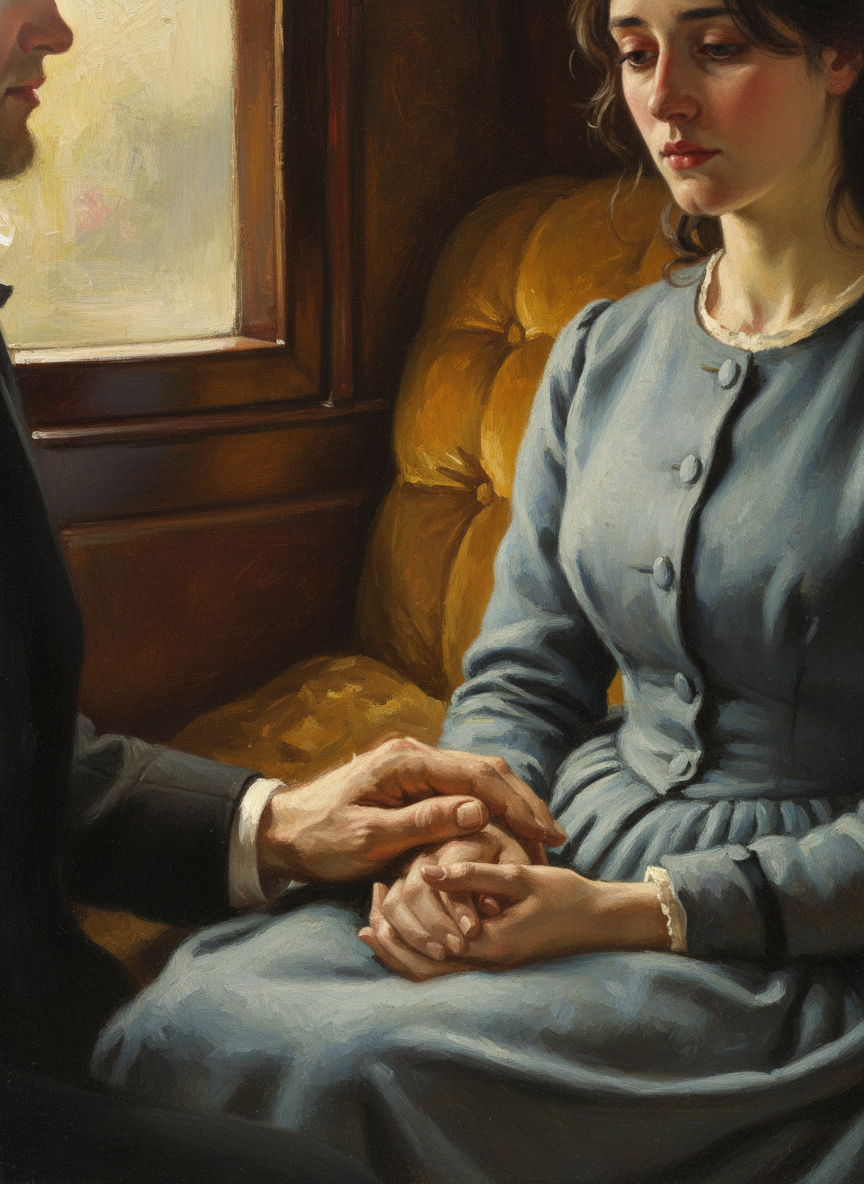 He took one hand off the wheel and put it over her clasped ones.