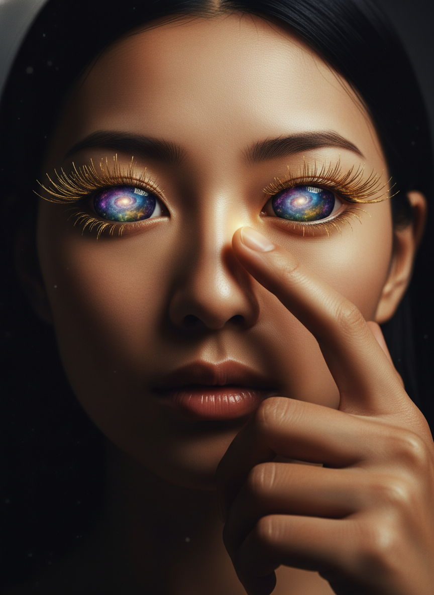 He reached out and delicately brushed his finger along the lashes of one eye, then solemnly looked down at its tip.