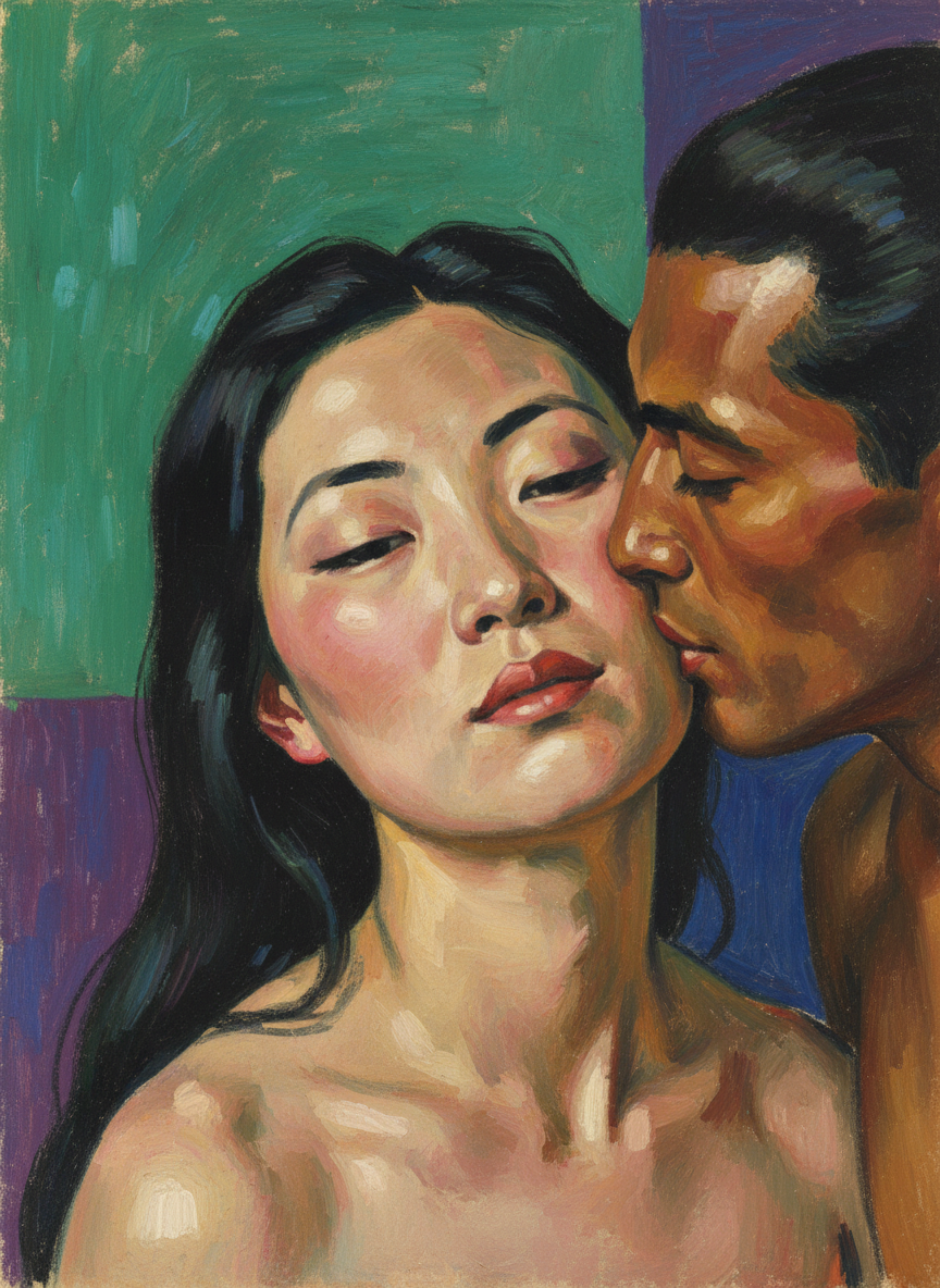 Not releasing her head, he kissed her cheeks, her closed eyes, the curving bones of the orbits beneath her brows, came back to her cheeks because they were so satiny, came back to her mouth because its infantile shape drove him mad, had driven him mad since the day he first saw her.