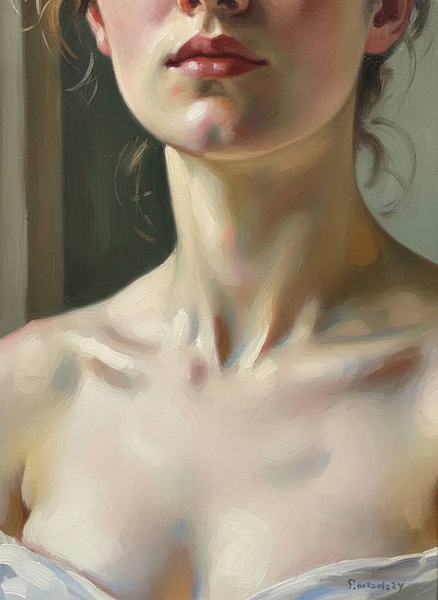 And there was her throat, the little hollow at its base, the skin of her shoulder so delicate and cool and dry….
