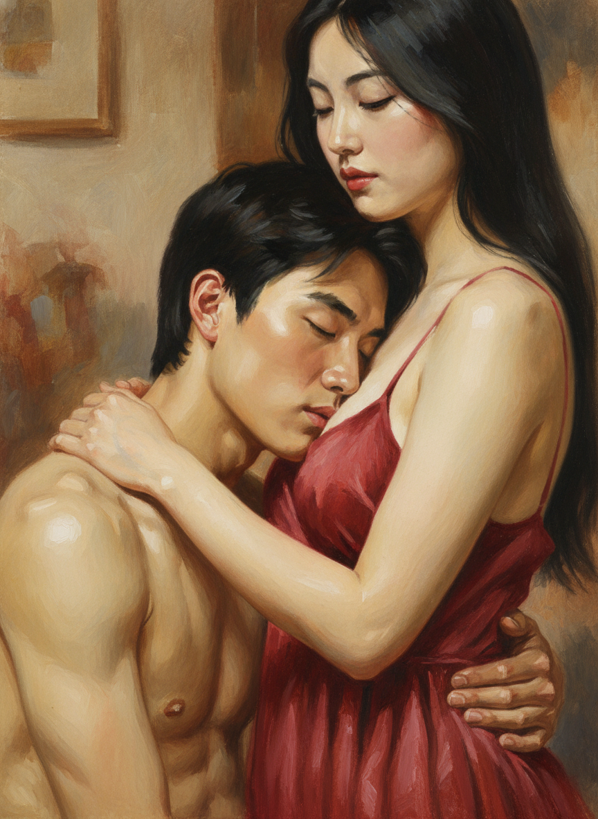 Like a satiated nursling, he let the nipple pop out of his mouth, formed a kiss of boundless love and gratitude against the side of her breast, and lay utterly still except for the heaves of his breathing.