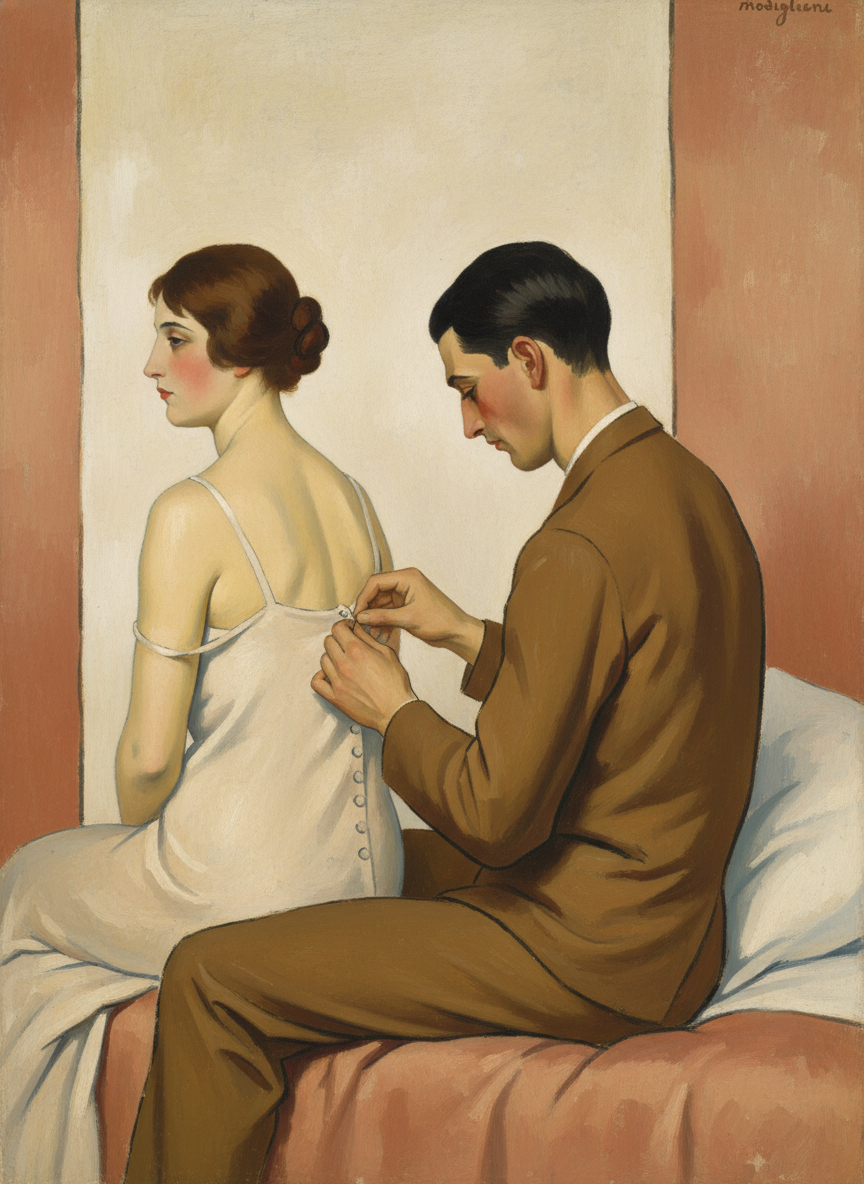 Briskly he sat up, pulled her slip straps up her arms, then her dress, and fastened all the buttons deftly.