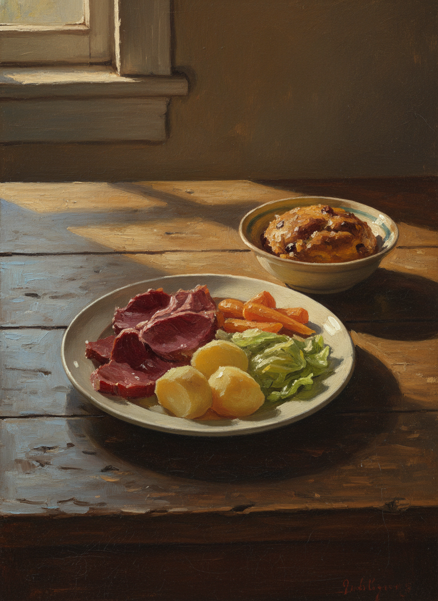 Dinner menu corned beef, boiled potatoes, carrots and cabbage, then plum duff.