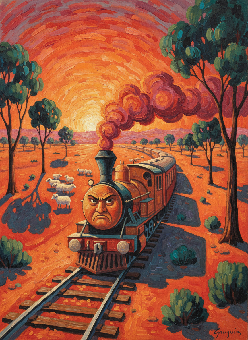 Hour after hour it trundled its erratic, grumpy way northeast, stopping interminably every time the engine driver felt like brewing a billy of tea for himself, or to let a mob of sheep wander along the rails, or to have a yarn with a drover.