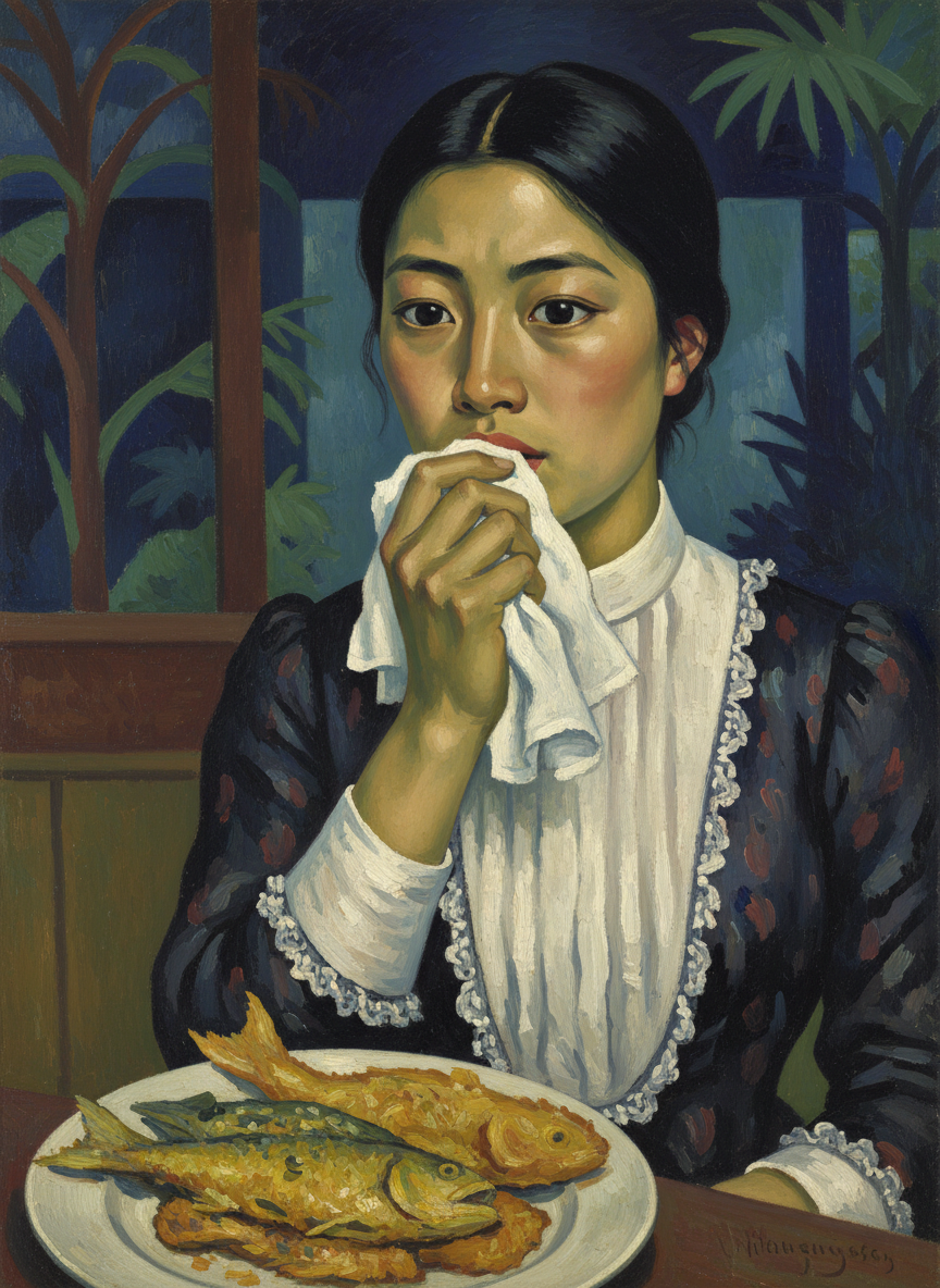 Meggie glanced at the greasy pieces of batter-dipped fish, put her handkerchief to her mouth and bolted for the toilet.