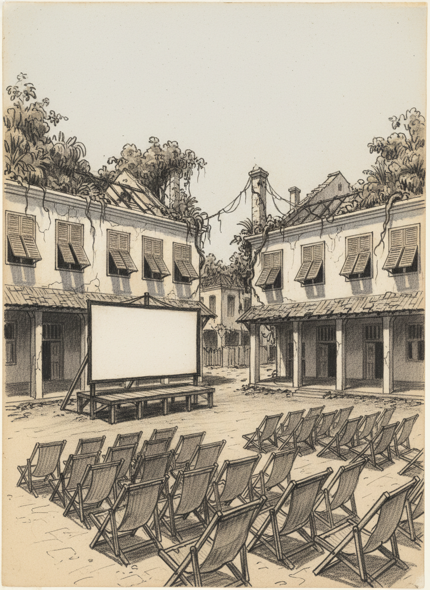 Windows were vertical wooden transoms, presumably to catch the breeze, and wherever possible roofs had been dispensed with, like the movie theater, which had a screen, transomed walls and rows of ship’s canvas desk chairs, but no roof at all.