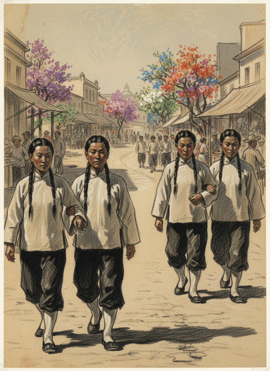 There were many Chinese in black silk trousers, tiny black-and-white shoes with white socks, white Mandarin-collared shirts, pigtails down their backs.