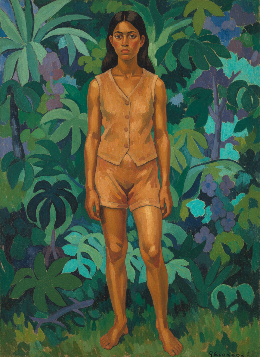 She herself was in a sleeveless, low-necked vest and a pair of short shorts, out of which her poor twisted legs poked doddering.