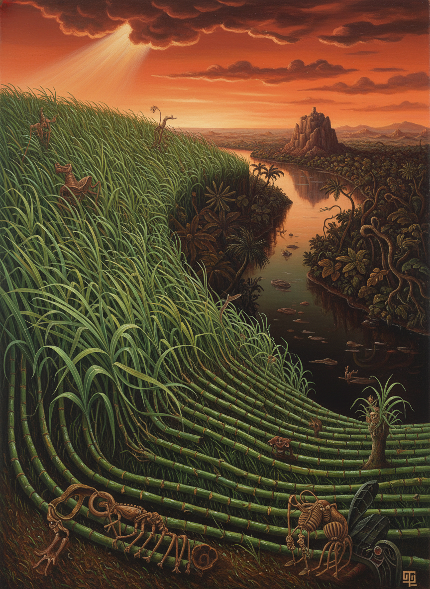 The great fields of cane (one couldn’t call them paddocks, since they were small enough to encompass with the eyes) plumed lushly in the wind, a restlessly sparkling and polished-by-rain green, falling away in a long slope to the jungle-clad banks of a great river, wider by far than the Barwon.