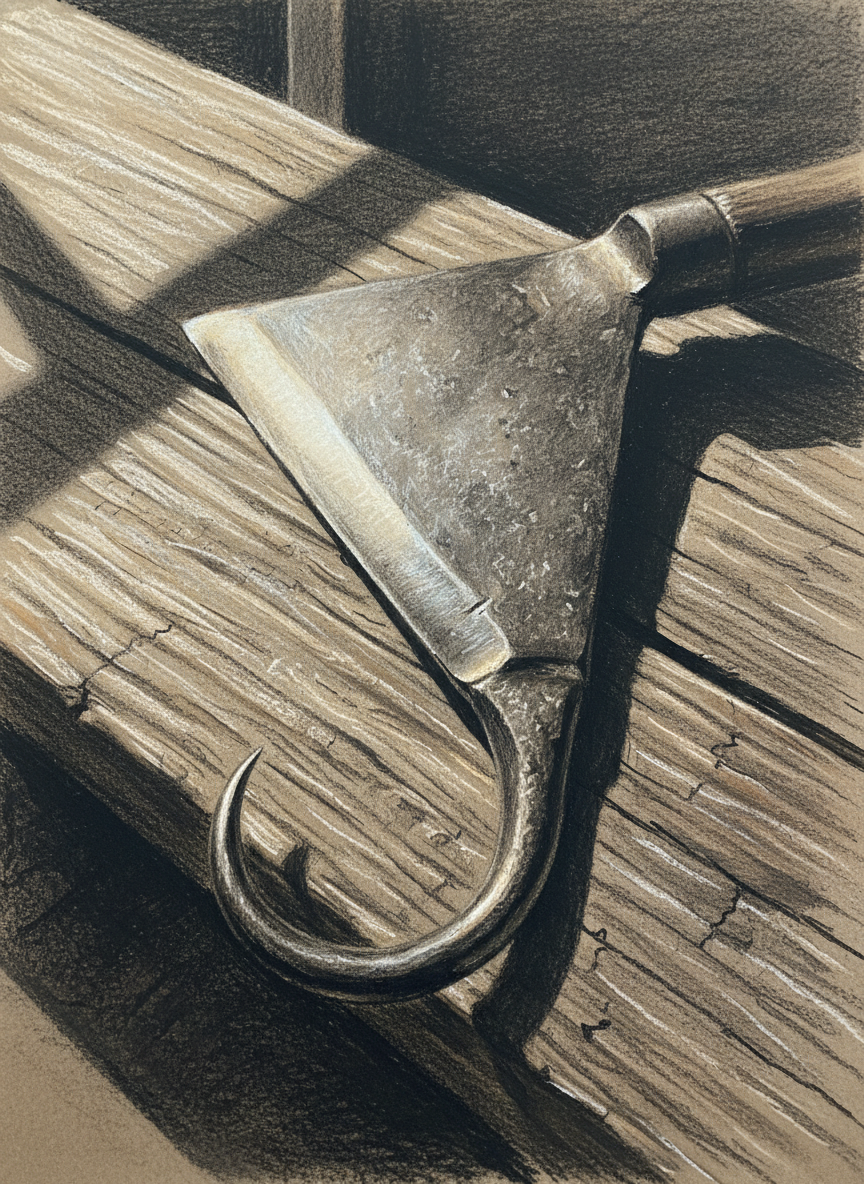 It widened into a large triangle instead of tapering to a point, and had a wicked hook like a rooster’s spur at one of the two blade ends.