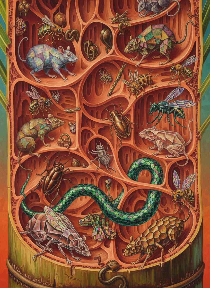 The cane was alive with vermin: rats, bandicoots, cockroaches, toads, spiders, snakes, wasps, flies and bees.