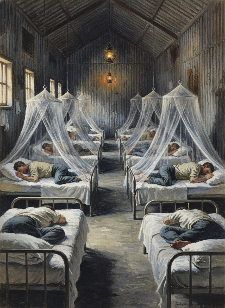 Two rows of iron pallets faced each other down either side of a long room made of corrugated iron; sighing and cursing the cane with an originality a bullocky might have envied, the men flopped naked on top of unbleached sheets, drew their mosquito nets down from the rings and within moments were asleep, vague shapes under gauzy tents.