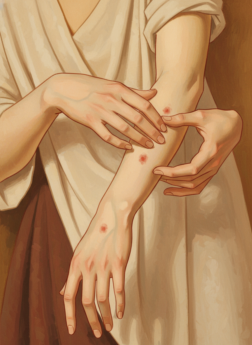 He inspected the bleeding cuts, the blisters, the stings.