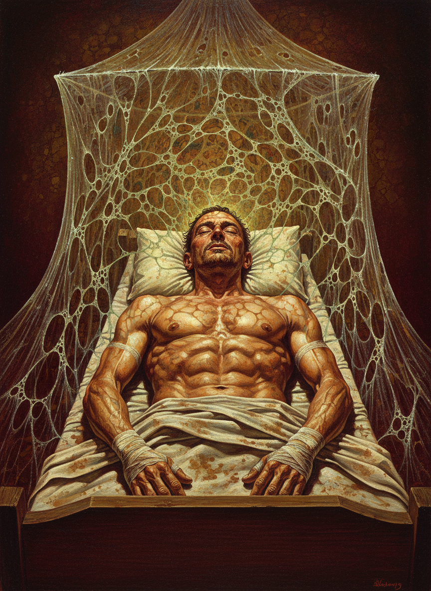 Hands wrapped and anointed, he stretched himself on his allotted bed, pulled down his mosquito net and closed his eyes on a world of little suffocating holes.