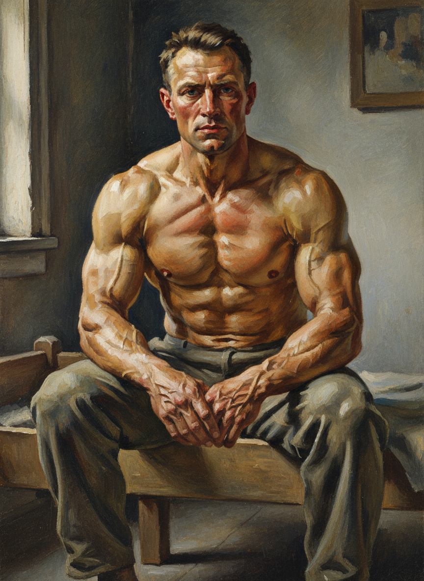 He would sit on the edge of his cot feeling the ribbed, corded muscles of his arm swell, look at the horny, scarred palms of his hands, the tanned length of his beautifully structured legs, and smile.